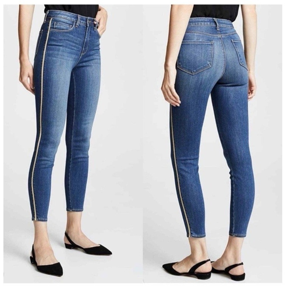 L'agence Margot Racer Mid Rise Skinny Jeans Mid Rise Gold Stripe Womens 27 Ankle